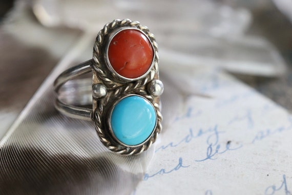 Old Pawn Navajo Turquoise Coral ring Double stone… - image 2