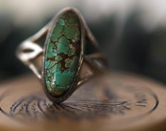 Vintage Navajo Turquoise Navette Ring Sterling Silver Spiderweb Turquoise Southwestern Jewelry Early Native American Size 5.75