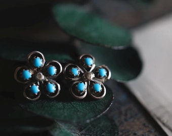 Vintage Zuni Earrings | Snake Eye Turquoise & Flower Cluster | Sterling Silver Studs | Native American Petit Point Jewelry | Turquoise Studs