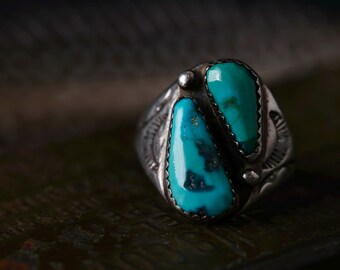 Vintage Navajo Turquoise Cigar Band Ring | Old Pawn Sterling Silver Double Stone Signet | Hand Stamped Unisex Native Ring Sz 10.25