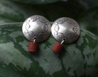 Vintage Large Navajo Hand Stamped Star  Concho Earrings Sterling Silver Native American Pottery Bead Concho Southwestern Dangle Earrings