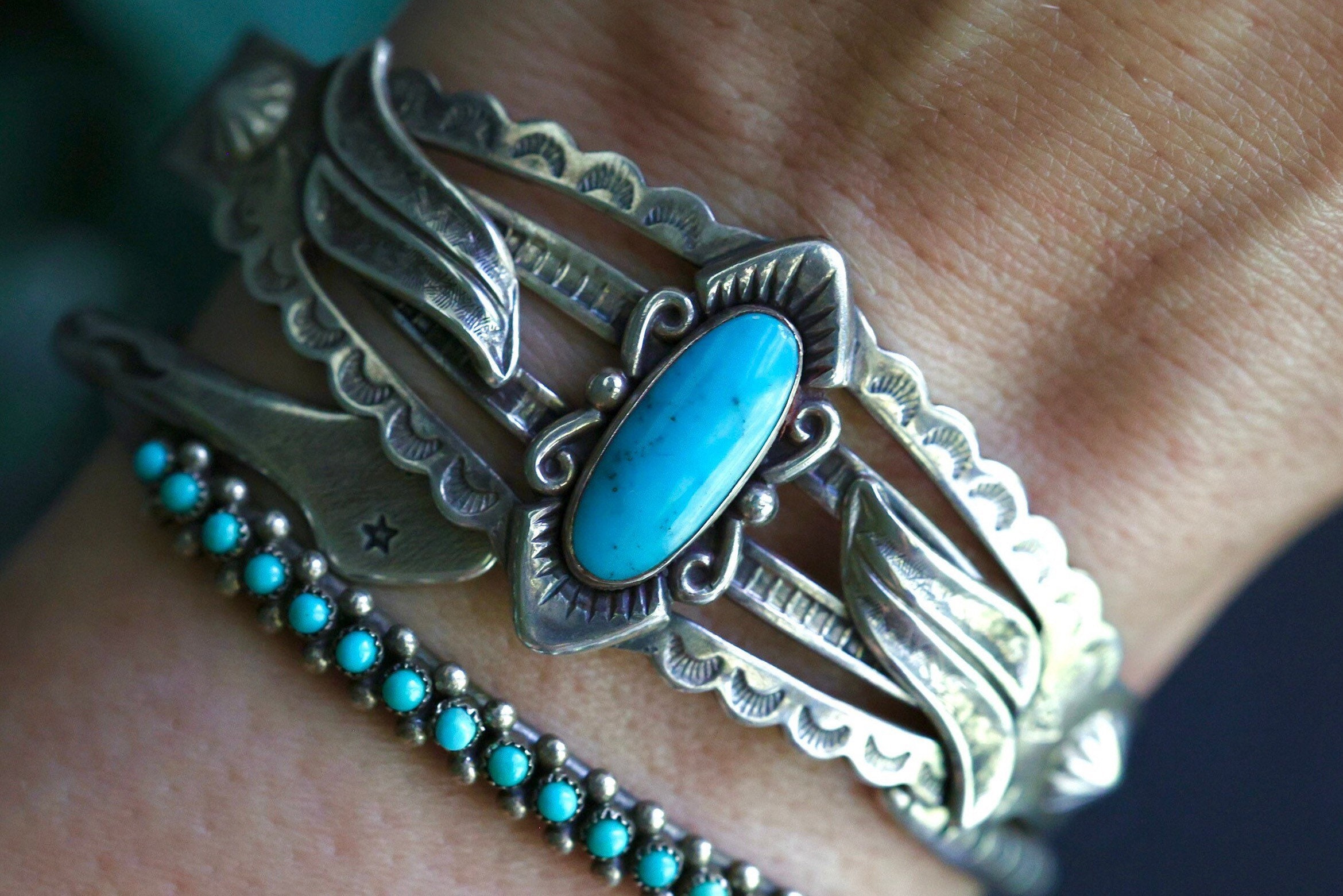 Early Vintage Native American Navajo Repoussed Sterling Silver Turquoise Bracelet Old Early Vintage Native American Navajo Repoussed Sterling Silver Turquoise Bracelet Old