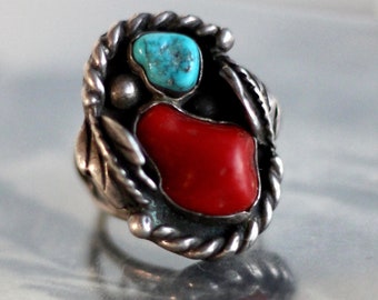 HUGE Old Pawn Navajo Turquoise & Coral Twisted Wire Sterling Silver Leaf Appliquéd Ring Sz 6