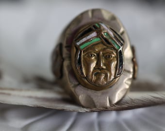 Mexican Biker Ring Vintage 1940s Mexico Souvenir Ring Heavy Aztec Warrior Mayan Chief momento Mori mexico sultan turban enamel biker ring