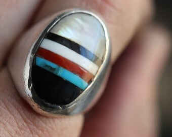Old Pawn Heavy Zuni Mosaic inlay multi stone ring Native American turquoise Vintage Multi color Mens Sterling Silver Inlay heavy unisex ring