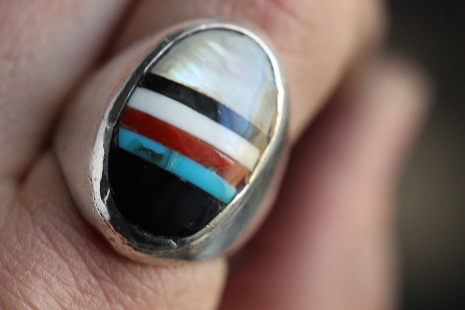 Huge Vintage Zuni Turquoise Sterling Silver Inlay Native American Ring Old Huge Vintage Zuni Turquoise Sterling Silver Inlay Native American Ring Old