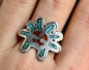 Vintage Zuni Turquoise Coral inlay Sunface God Ring Native American turquoise and coral chip inlay Kachina Sunface ring sterling silver ring