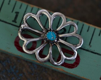 Vintage Navajo Sandcast Sterling Silver Turquoise Brooch | 1940s Flower Pin | Old Pawn Native American Jewelry | Fred Harvey Era | Gift