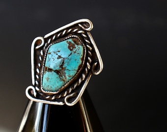 Vintage Large Old Pawn Sterling Silver Native American Southwestern Navajo Sawtooth Bezel Natural Kingman Turquoise Nugget Ring Sz 5