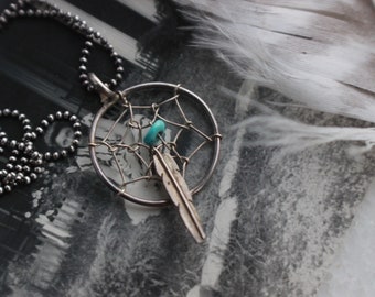Vintage Navajo Dream Catcher Turquoise Feather pendant on 16” Sterling Necklace Native American Silver Dream Catcher Necklace