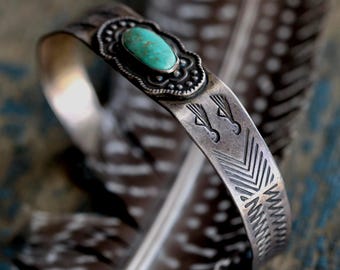Vintage Old Pawn Fred Harvey Era Turquoise Stamped cuff early Navajo Cerillos turquoise unisex Native American 1930s silver Turquoise Cuff