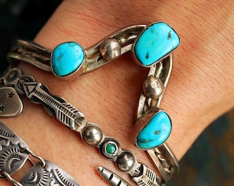Vintage Navajo Turquoise Cuff | Old Pawn Sterling Silver 3 Stone Cluster Bracelet | Cascading Southwest Native American Jewelry | Collectors
