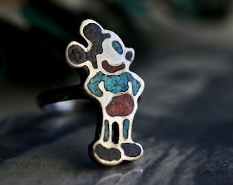 Rare zunitoons vintage Mickey Mouse inlay ring  Native American turquoise and coral inlay Disney Mickey Mouse navajo ring old pawn ring sz 7