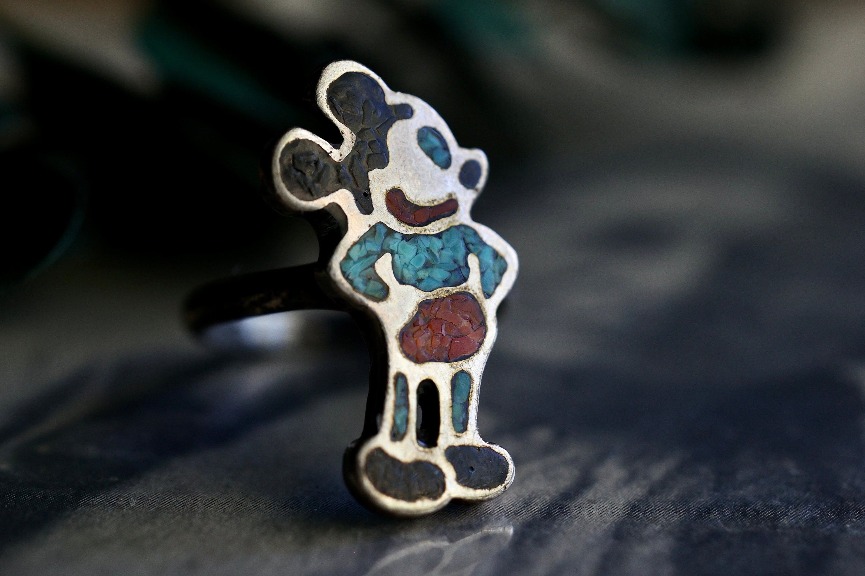 Detailed Native American Zuni Turquoise Mickey Mouse Sterling Silver Ring Detailed Native American Zuni Turquoise Mickey Mouse Sterling Silver Ring