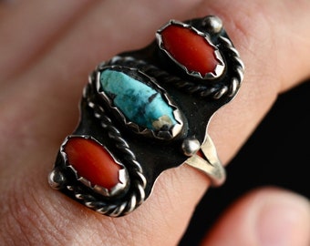 Vintage HUGE Navajo Sterling Silver Turquoise + Coral Stoplight Ring Old pawn Native American turquoise coral large unisex ring Sz 9.5