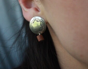 Vintage Large Navajo Hand Stamped Star  Concho Earrings Sterling Silver Native American Pottery Bead Concho Southwestern Dangle Earrings