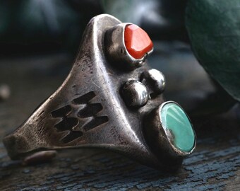 Vintage Navajo Turquoise + Coral Old Pawn Ring Native American Sterling Silver double stone Mens Sterling silver Heavy Biker Ring Sz 10.5
