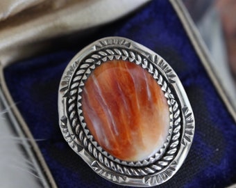 Vintage Navajo Orange Spiny Oyster Ring Sterling Silver huge rare spiny oyster ring Southwestern Ring Native American spiny oyster Ring 8.5
