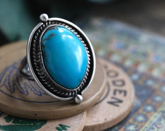 Vintage Navajo Kingman Turquoise Ring Large Sterling Silver Round Big Turquoise Ring Native American Twisted Rope Turquoise Ring Sz 4.5