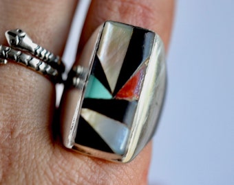 Old Pawn Heavy Zuni Mosaic inlay rectangular multi stone ring Native American turquoise Vintage Multi color Mens large Zuni Sterling ring