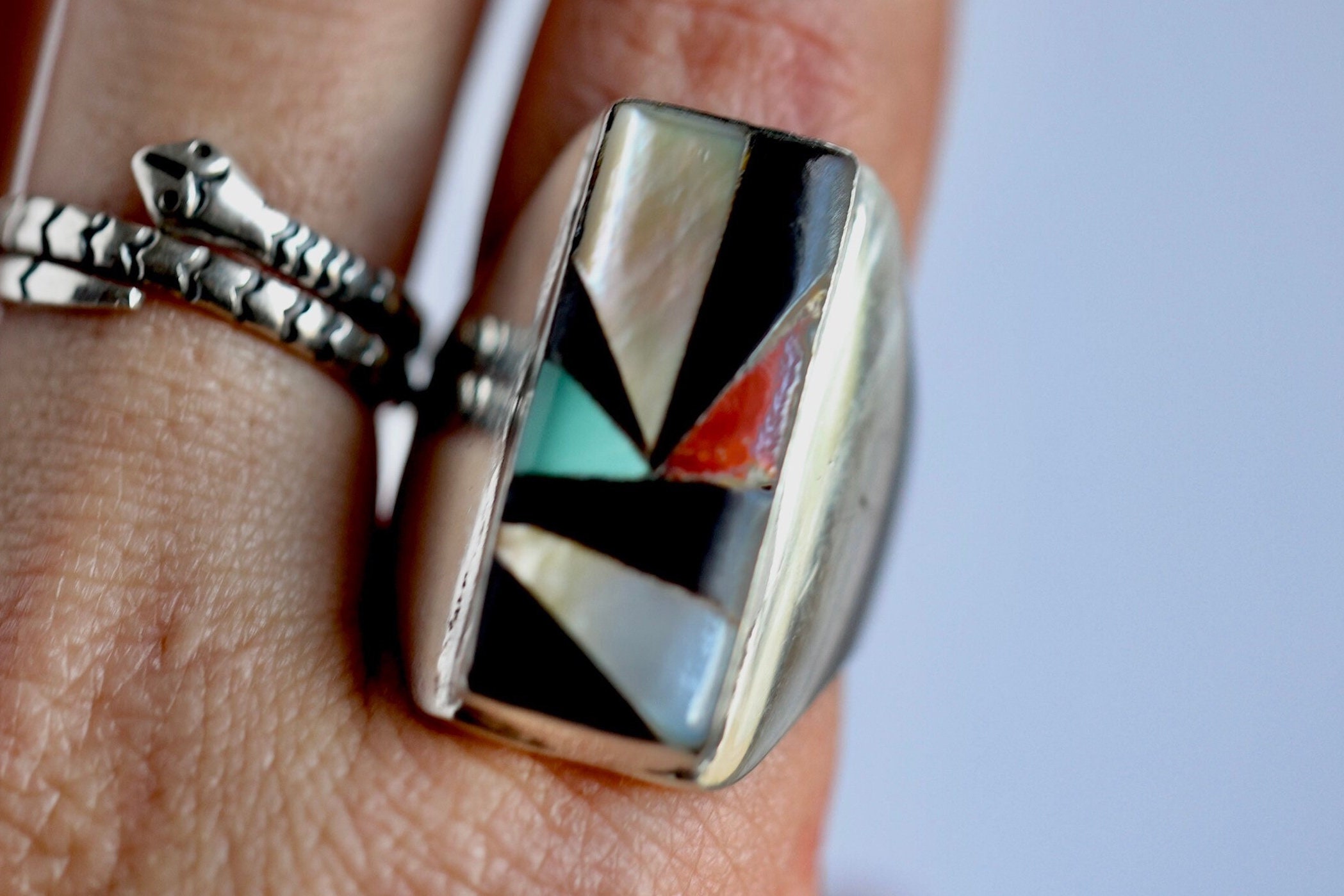 Huge Vintage Zuni Turquoise Sterling Silver Inlay Native American Ring Old Huge Vintage Zuni Turquoise Sterling Silver Inlay Native American Ring Old