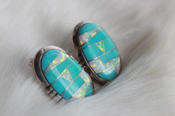 Vintage Zuni Turquoise and Opal Mosaic Inlay  Ear… - image 2