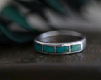 Vintage Bell Trading Post Turquoise Inlay Band Ring | Fred Harvey Era Sterling Silver Channel Inlay | Unisex Stackable Southwest Ring | 7.25
