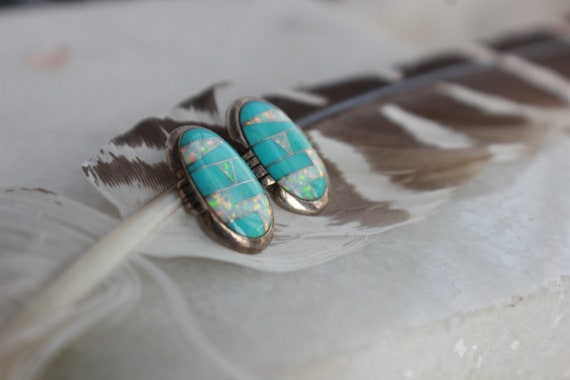 Vintage Zuni Turquoise and Opal Mosaic Inlay  Ear… - image 7