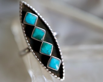 Old Pawn 40s Zuni Shadowbox Turquoise Inlay Ring | Vintage Elongated Diamond Navette | Sterling Silver Statement Ring | Size 6.5