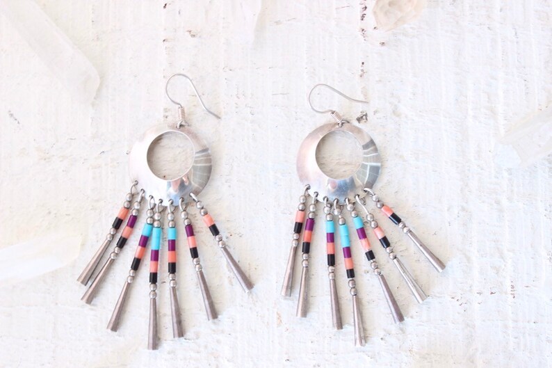 Huge Vintage Native American Sterling Silver Navajo Multi-stone Fringe Concho Dangle Southwestern Earrings