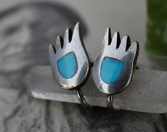 Old Pawn Vintage Native American Early Navajo Sterling Silver Flush Turquoise Bear Paw Sacred Hand Screw back Earrings