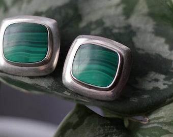 Vintage Navajo Malachite Modernist Stud Earrings Large Sterling Silver Southwestern Native American Malachite Rectangular Post Earrings