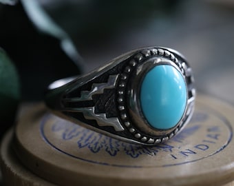 Vtg Old Pawn Turquoise Ring Vintage Southwestern Cast southwestern Turquoise Ring Sterling Silver  Turquoise unisex Cigar Band Ring Sz 10.75