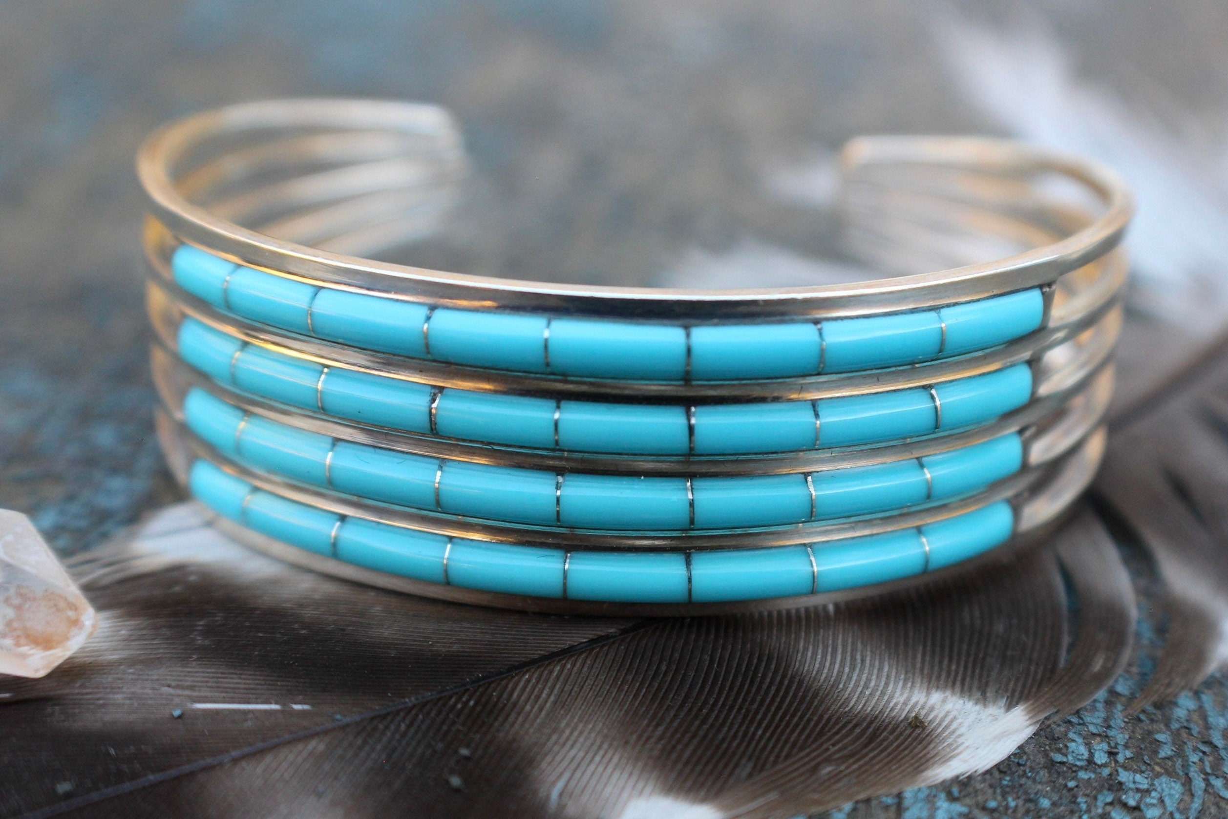 Vintage Zuni Turquoise Channel Inlay 4 row Native American Southwestern ...
