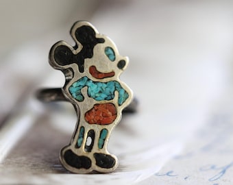 Rare zunitoons vintage Mickey Mouse inlay ring  Native American turquoise and coral inlay Disney Mickey Mouse navajo ring old pawn ring sz 7