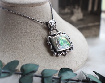 Vintage Bohemian Abalone Sterling Silver Rainbow Abalone Shell Pendant on 16” Sterling Chain Necklace