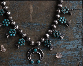 Vintage Turquoise Squash Blossom Necklace | Zuni Sterling Silver Statement | Fred Harvey Era Boho Southwest Jewelry | Snake Eye Cluster