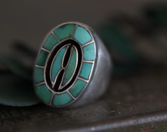 Vintage Zuni EQ Ellen Quam Quandelacy turquoise channel inlay ring sz 10 old pawn heavy sterling silver artisan statement unisex ring