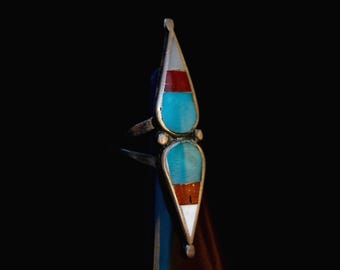 Beautiful multicolor Old Pawn Vintage Zuni Elongated Multi Stone Mosaic Flush inlay Double Teardrop ring sz 8.25