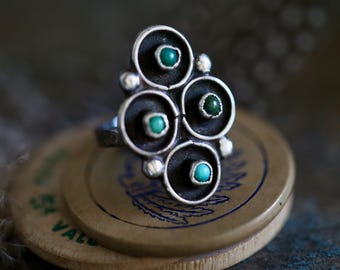 Zuni Shadowbox Turquoise Ring | Early Fred Harvey Era Old Pawn Silver | Snake Eye Statement | Vintage Southwest Collector Jewelry
