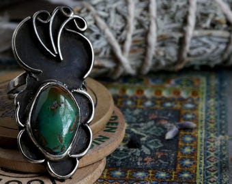 Vintage Navajo Royston Turquoise Ring Large Southwestern Early Native American Elongated Sterling Silver Turquoise Flower Ring Sz 6.5
