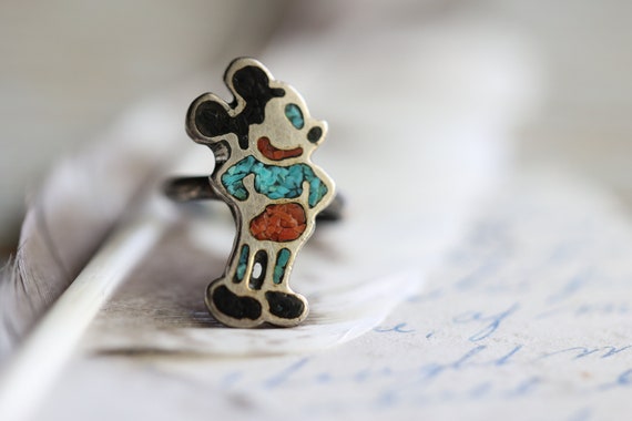Rare!! Vintage Navajo Native American Jewelry jewelry Mickey Mouse Turquoise Coral Sterling Silver Ring Old Rare!! Vintage Navajo Native American Jewelry jewelry Mickey Mouse Turquoise Coral Sterling Silver Ring Old