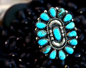 Vintage Navajo Turquoise Cluster Ring Huge Turquoise Petit point Turquoise Ring Southwestern Sterling Silver Native American Cluster ring