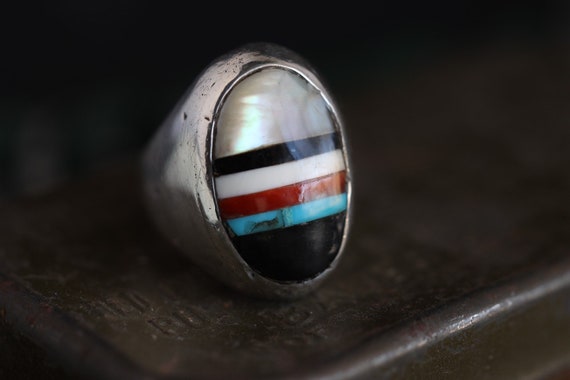 Old Pawn Heavy Zuni Mosaic inlay multi stone ring… - image 4