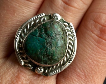 Vintage Navajo Natural Turquoise Nugget Ring Sterling Silver rough Turquoise nugget Large Unisex Ring Native American mens Ring