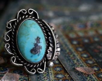 Vintage Navajo Turquoise Ring Kingman Turquoise Feather Ring Large Sterling Silver Turquoise Ring Native American Turquoise Ring Sz 5