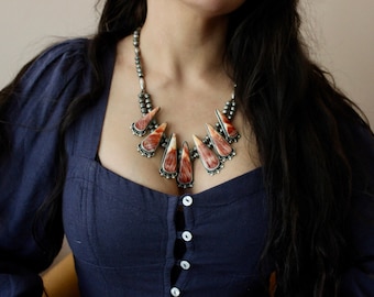 Vintage Navajo Spiny Oyster Squash Blossom Necklace Native American Hand Stamped Large Teardrop Navajo Pearl Beaded Necklace