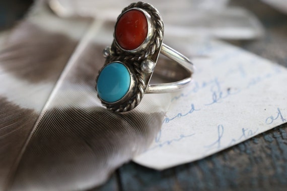 Old Pawn Navajo Turquoise Coral ring Double stone… - image 10