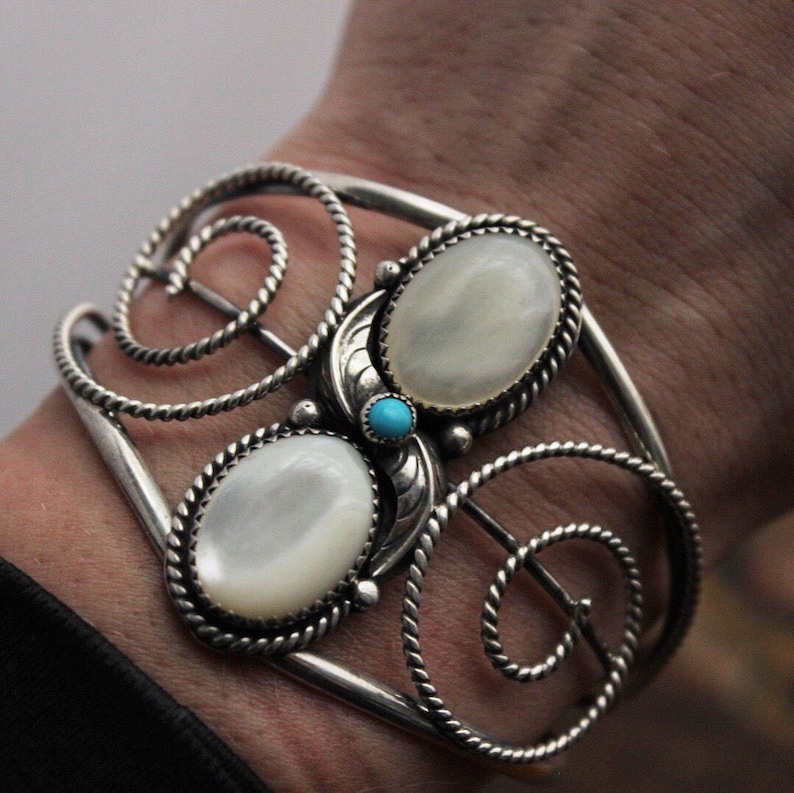 Rad Old Pawn Navajo Twisted Rope Double Stone Mother of Pearl and Turquoise Feather Blossom Scroll Cuff Bracelet By Gerald Mitchell