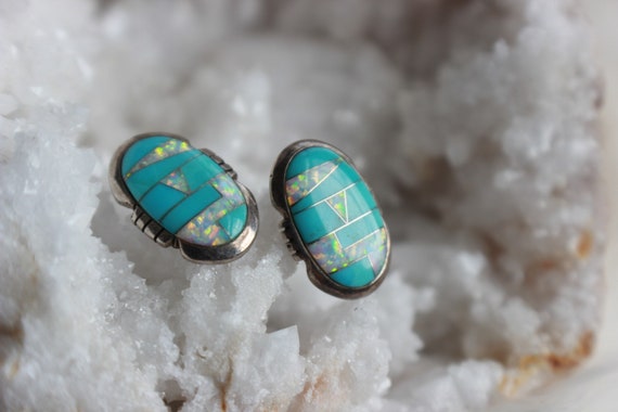 Vintage Zuni Turquoise and Opal Mosaic Inlay  Ear… - image 4